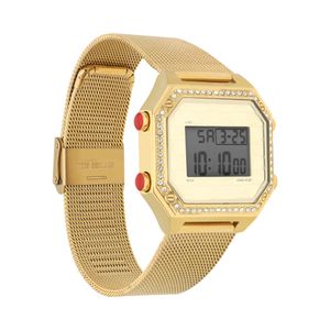 Reloj Digital para Dama con Extensible de Mesh y Pedrería en Bisel color Oro