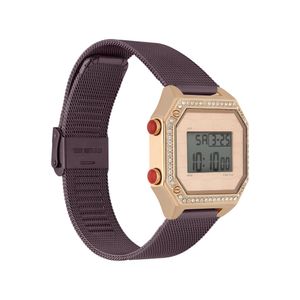 Reloj Digital para Dama con Extensible de Mesh y Pedrería en Bisel color Morado