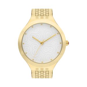 Reloj Análogo Para Dama Con Correa De Acero Inoxidable Y Elemental En Carátula Color Oro